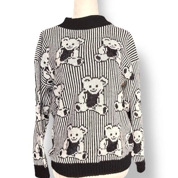 Vintage Adele Knitwear Black White Teddy Bear Sweater Pullover 90s Made in USA - Picture 2 of 10
